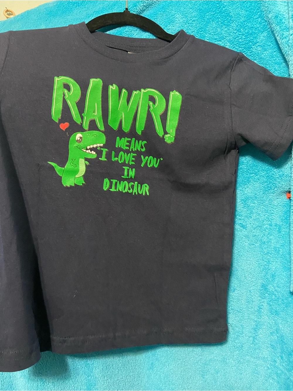 NWOT - Rabbit Skins Navy Tee with Bright Green Dinosaur Graphic